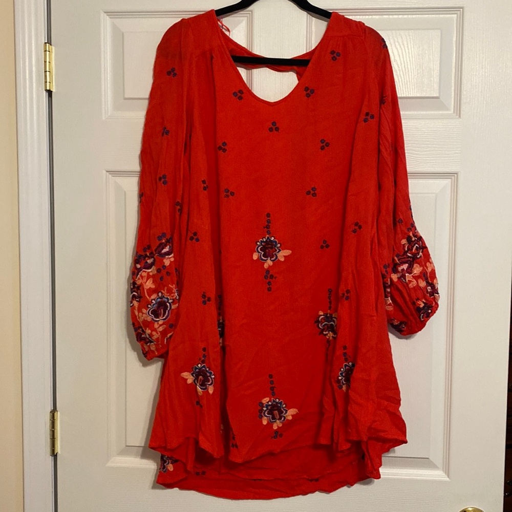 Free People Red dress with embroidered flowers